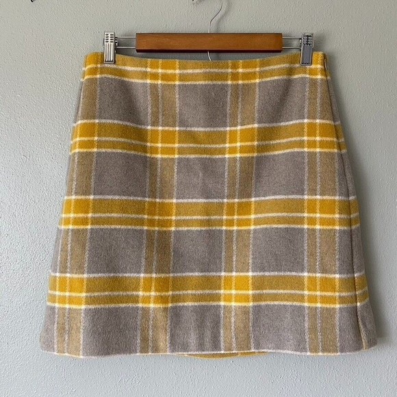Loft Women's Yellow Gray Plaid Wool Blend Mini Fully Lined Side Zip Skirt Size 6 - Picture 1 of 11
